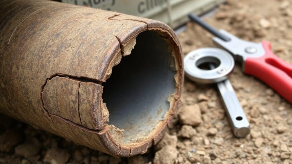 A close-up shows a cracked section of pipe during a pipe repair job